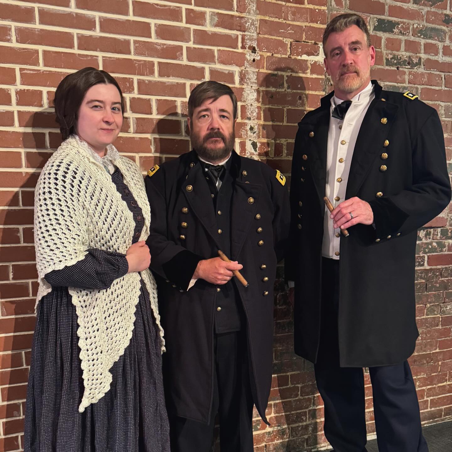 Post-performance photo featuring Julia Grant and Generals Grant and Sherman